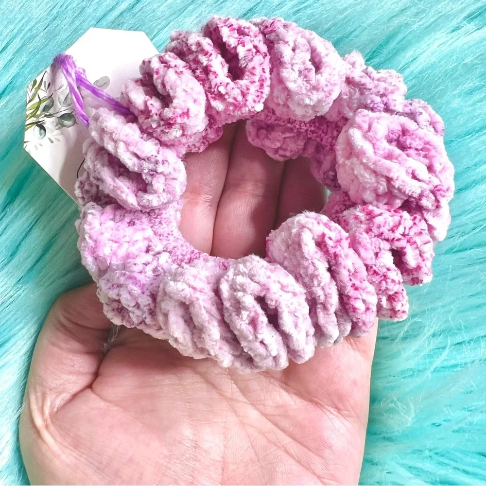 Handmade VELVET Sprinkle Pink Purple Small Scrunchie Crochet Hair Tie